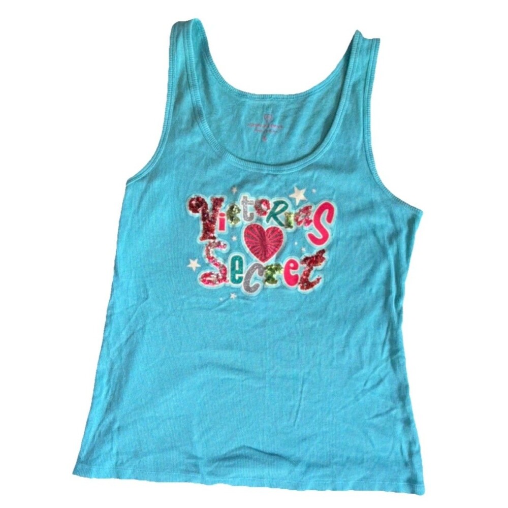 Victoria's Secret Blue Ribbed Graphic Print Cami Pajama Top Scoop Neck L Y2K